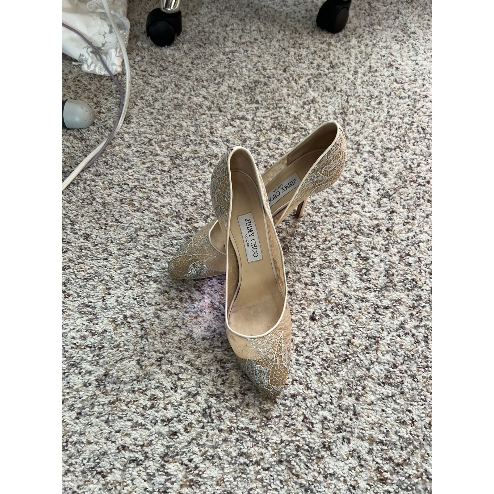 Jimmy Choo Pumps Pointed Toe Size 38.5 Heels Stilettos Lace Silver Tan Platform